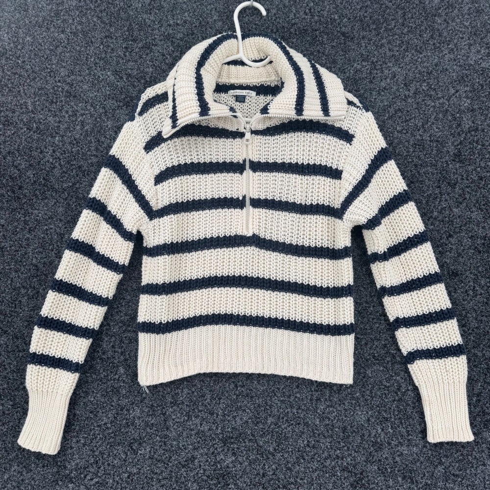 American Eagle Striped Quarter Zip Sweater Womens XS Cream Navy Blue Pullover